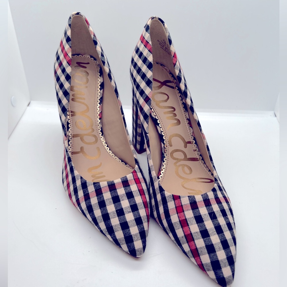 Sam Edelman Women's Halston Block Heel Pumps Gingham Plaid Size 7.5